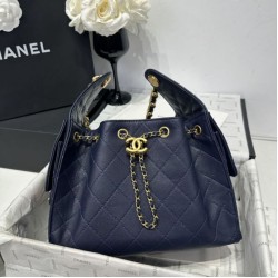 Replica qualità specchio Chanel 25c AS5293 Borsa a secchiello Hobo Vintage piccola con coulisse in pelle di vitello granata Blu scuro