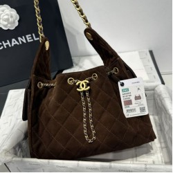 Replica Chanel 25c AS5293 Borse Firmate a secchiello Hobo Vintage piccola con coulisse Denim Caffè Imitazioni Replica qualità specchio Chanel 25c AS5293 Borse Firmate a secchiello Hobo Vintage piccola con coulisse Denim Caffè