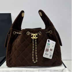 Replica qualità specchio Chanel 25c AS5293 Borse Firmate  a secchiello Hobo Vintage piccola con coulisse Denim Caffè