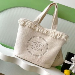 Replica qualità specchio Borsa Tote Chanel Coco Beach con Borsa Piccola Agnello Bianco
