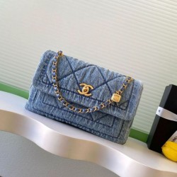 Replica qualità specchio Borsa Maxi con Patta Chanel Denim Lavato AS5734 Blu