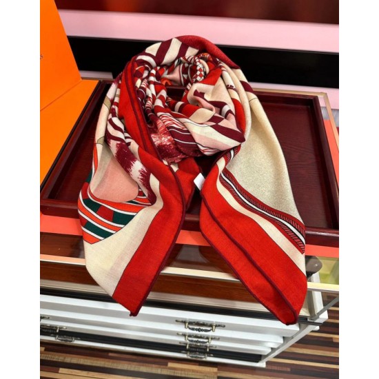 Fazzoletto Hermès in cashmere e seta Ondsdemarch 140 rosso