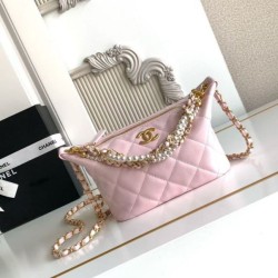 Replica qualità specchio Borsa hobo Chanel piccola Pearls AS5898 pelle di vitello Rosa