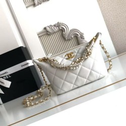 Replica qualità specchio Borsa hobo Chanel piccola Pearls AS5898 pelle di vitello Bianco