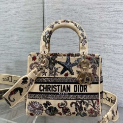 Replica qualità specchio Perfetta Dior Canvas Cabinet De Curiosites ricamata Lady D-Lite media beige