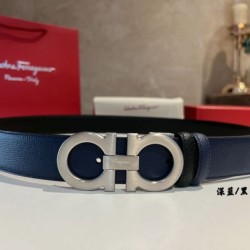 Replica qualità specchio Alta gamma replica Cintura reversibile da uomo Salvatore Ferragamo da 3.5 cm con clip in metallo argento Nero/Blu
