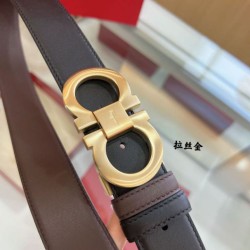 Replica qualità specchio Cintura reversibile da uomo Salvatore Ferragamo da 3,5 cm con fibbia a ferro di cavallo a doppio anello oro
