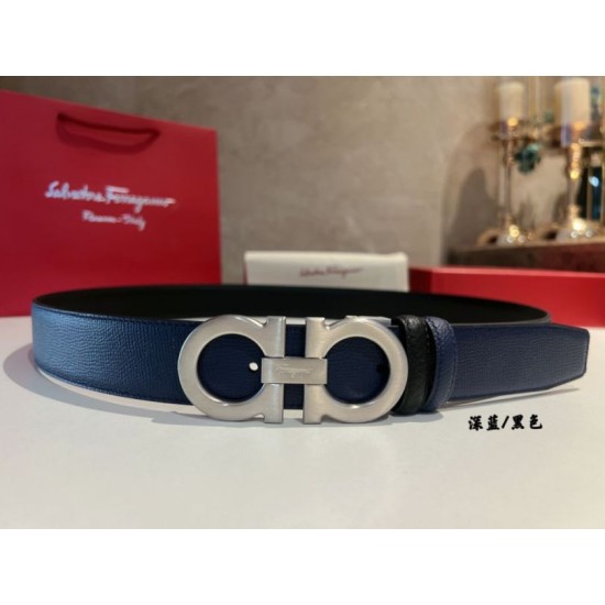 Alta gamma replica Cintura reversibile da uomo Salvatore Ferragamo da 3.5 cm con clip in metallo argento Nero/Blu