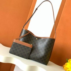 Replica qualità specchio Borsa shopper morbida Celine Triomphe in tela/pelle di vitello color cuoio