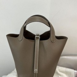 Replica qualità specchio Borsa Hermes Picotin Lock 18/22 Etoupe grigia hardware argentato