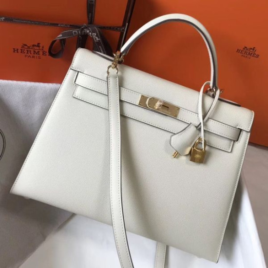 Borsa Hermes Kelly 28cm/32cm Bianco Epsom hardware dorato
