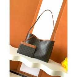 Borsa shopper morbida Celine Triomphe in tela/pelle di vitello color cuoio