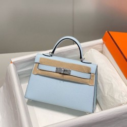 Replica Borsa Hermes Kelly Mini II Azzurro Epsom con hardware dorato Imitazioni Replica qualità specchio Borsa Hermes Kelly Mini II Azzurro Epsom con hardware dorato