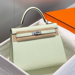 Replica qualità specchio Borsa Hermes Kelly 28cm verde chiaro Epsom hardware argento