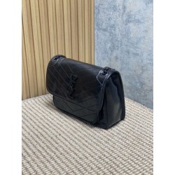Borsa a tracolla vintage Niki media YSL Saint Laurent pelle cerata e oliata Nero