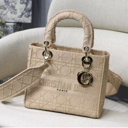 Cloni Firmate Borse Replica Alta Qualità a spalla ricamata Christian Dior Medium Lady D-Lite albicocca imitazioni