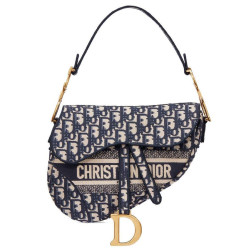 Sella Christian Dior Borsa obliqua originale in tela ricamata Blu scuro