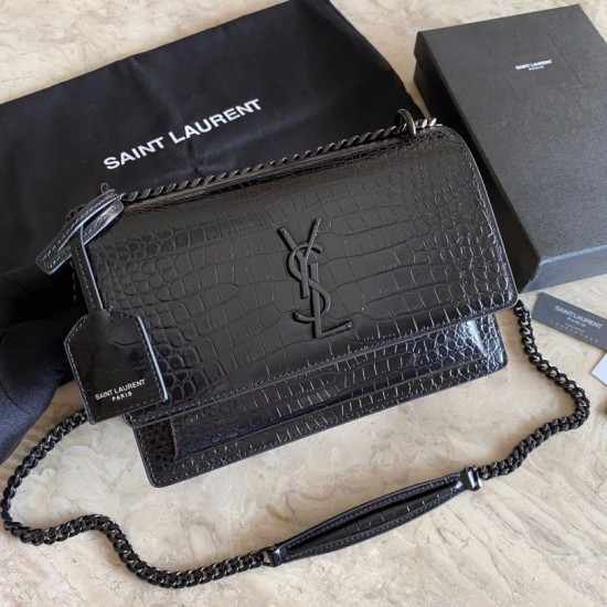 Borsa media YSL Saint Laurent Sunset in hardware nero goffrato coccodrillo