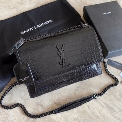 Cloni Firmate Borsa media YSL Saint Laurent Sunset in hardware nero goffrato coccodrillo imitazioni