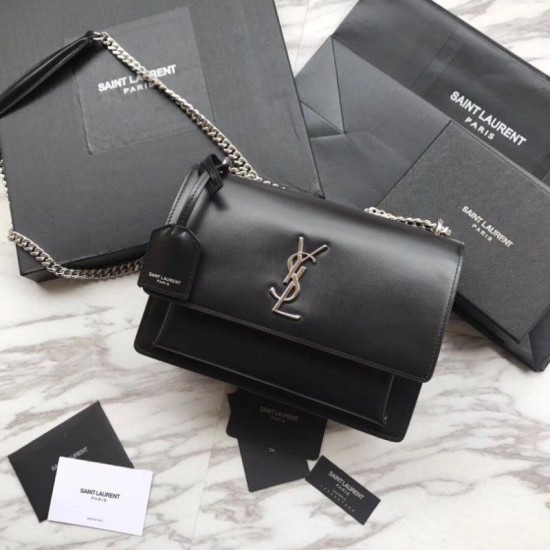 Borsa YSL Saint Laurent Medium Sunset liscia nera argento