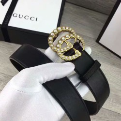 Riproduzione Fedele Qualità superiore replica Cintura in pelle con perla Double G Nero imitazioni Replica Alta Qualità Qualità superiore replica Cintura in pelle con perla Double G Nero