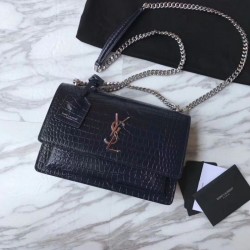 Replica Alta Qualità Imitazione Imitazioni borse griffate YSL Saint Laurent Media da sole lucida blu coccodrillo a rilievo
