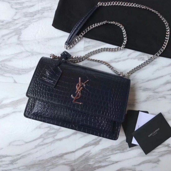 Imitazione Imitazioni borse griffate YSL Saint Laurent Media da sole lucida blu coccodrillo a rilievo