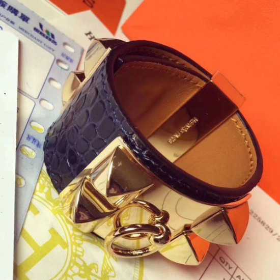 Bracciale Hermes Collier de Chien in alligatore blu scuro taglia S