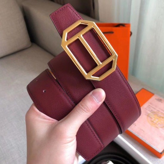 Alta gamma replica Hermes Pad Cintura reversibile Rubino / Marrone Epsom