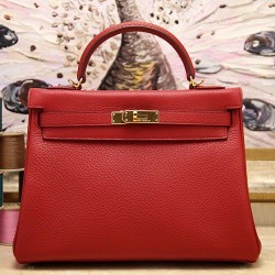 Qualità Specchio Borsa Kelly Hermes 28cm 32cm Rosso Pelle Clemence imitazioni perfette