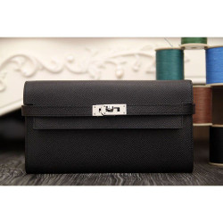 Pari all'originale replica Hermes Kelly Longue Portafoglio in pelle nera Epsom
