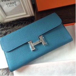 Replica perfette Portafoglio Hermes Costanza a lungo in Jean pelle blu
