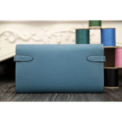 Portafoglio Hermes Kelly Longue in pelle Jean Blu Clemence