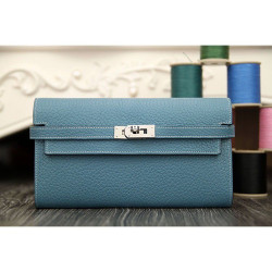 Portafoglio Hermes Kelly Longue in pelle Jean Blu Clemence