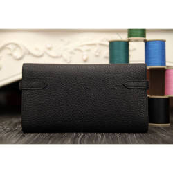 Alta gamma replica Portafoglio Hermes Kelly Longue in pelle nera Clemence