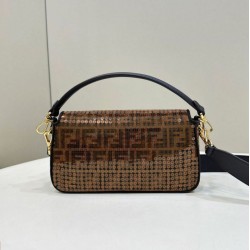 Borsa Fendi Baguette Medium FF in tessuto jacquard con paillettes Marrone Replica qualità specchio Replica Perfette Borsa Fendi Baguette Medium FF in tessuto jacquard con paillettes Marrone imitazioni