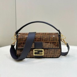 Replica Perfette Borsa Fendi Baguette Medium FF in tessuto jacquard con paillettes Marrone imitazioni