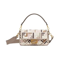 Borsa Replica 1:1 Baguette Media Fendi Motivo FF Ricamato Multicolor 8BR600 Grigio