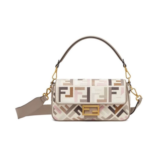 Borsa Replica 1:1 Baguette Media Fendi Motivo FF Ricamato Multicolor 8BR600 Grigio