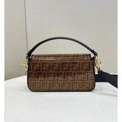Borsa Fendi Baguette Medium FF in tessuto jacquard con paillettes Marrone