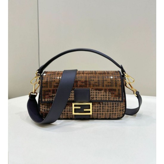 Borsa Fendi Baguette Medium FF in tessuto jacquard con paillettes Marrone