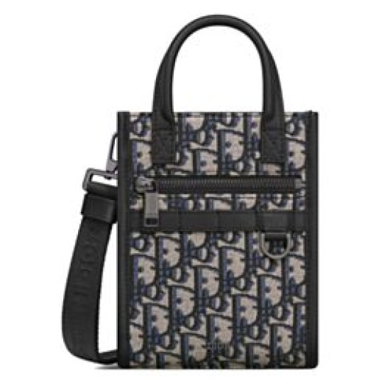 Mini borsa tote Christian Dior Safari Nord-Sud Jacquard Dior Oblique blu scuro