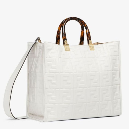 Borsa shopper Fendi Sunshine piccola/media con motivo FF in rilievo 3D-Texture Bianca
