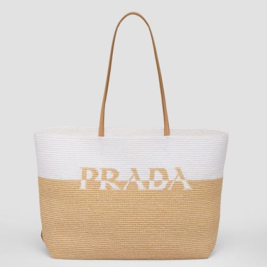 fedele Prada Borse Replica Alta Qualità tote grande Prada all'uncinetto in filato effetto rafia Beige/Bianco