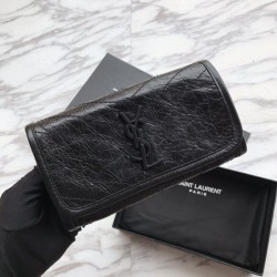 Cloni Firmate Portafoglio grande YSL Saint Laurent Niki in pelle nera increspata vintage imitazioni