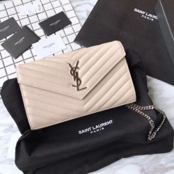 YSL Saint Laurent Granulato Matelasse Chain Portafoglio Beige